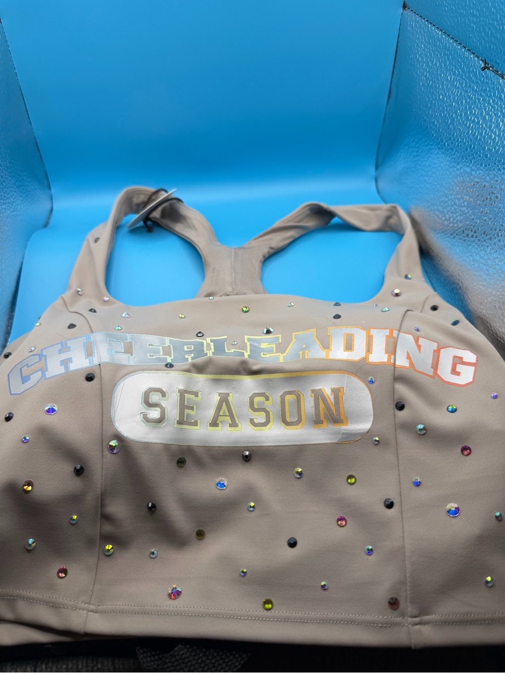 Hand Crafted Taupe Cheerleading Sports Bra with Multicolor Foil Text